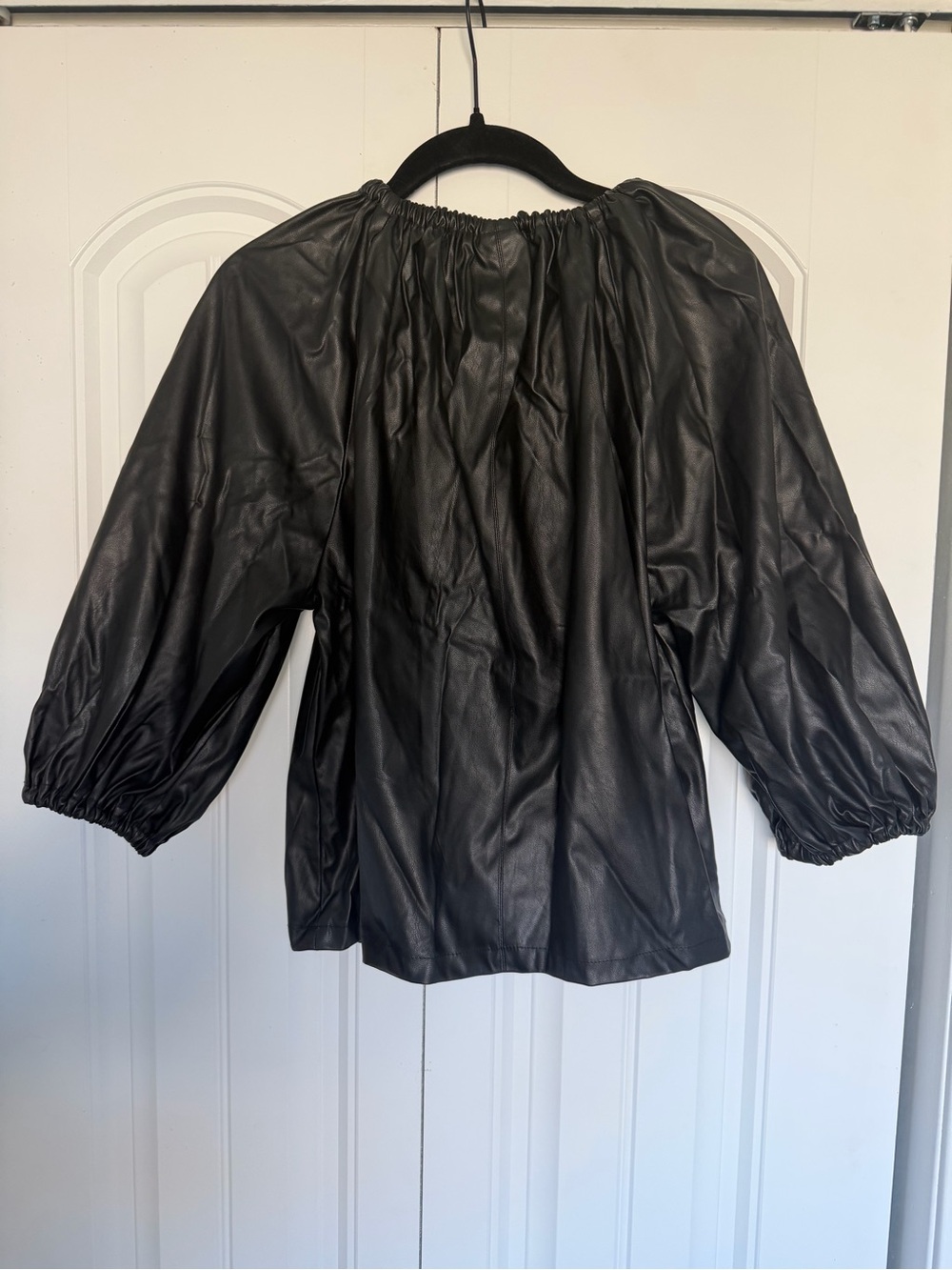 Who What Wear Black Faux Leather Balloon Sleeve Top